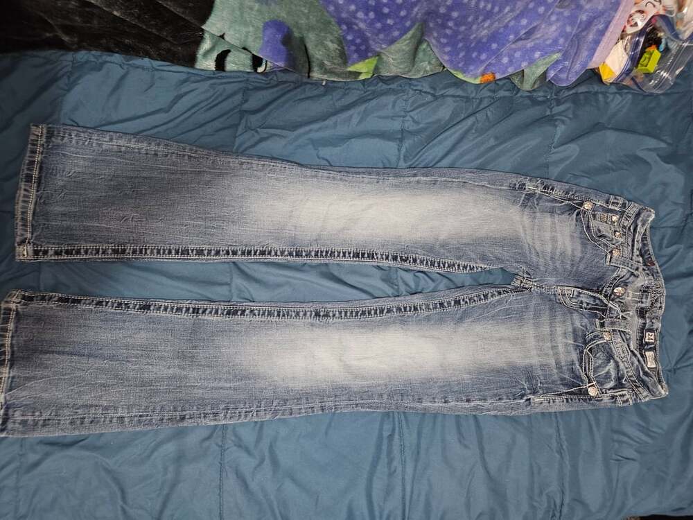 Miss Me Mid-Rise Bootcut Jeans Size 24 Light Wash Y2K Embellished Flap Pockets